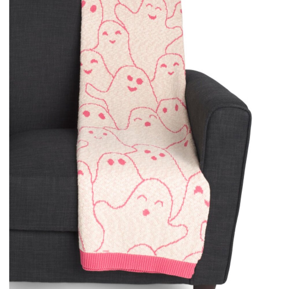 GOBLIN & GHOUL Pink Ivory GHOSTS Blanket Throw Halloween NWT 50" x 70" Sketched